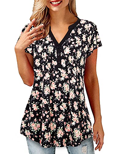 Kurzarm Top Damen Sommer Bequeme Tunika Tops V-Ausschnitt Henley Form Passend Freizeithemden Schöne Schmetterling Ärmel Tops Plissee Leichte Knopfleiste Blusen Mehrfarbiges Schwarz M Cover