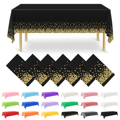 NACHLYNN Lot de 6 nappes rectangulaires jetables en Plastique - 137 x 274 cm - Doré et Noir - pour fête, fiançailles, Mariage, baptême, Anniversaire