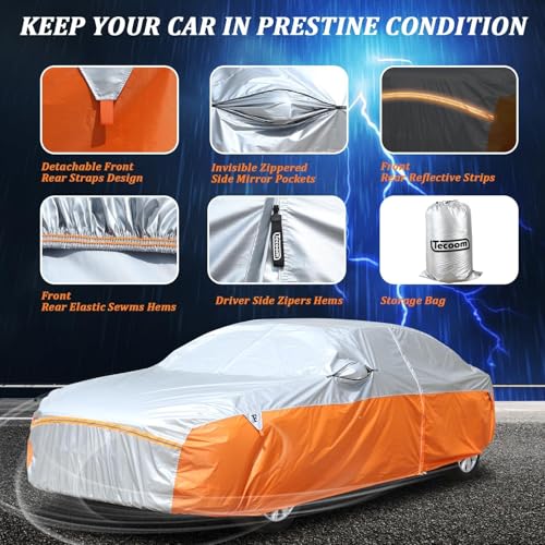 Image of Tecoom Waterproof All Weather Sedan Car Cover (191 inch-200 inch), Universal Full Exterior Cover Fit for Toyota Camry, Chevrolet Malibu, Honda Accord, Windproof UV Rain Sun Protection
