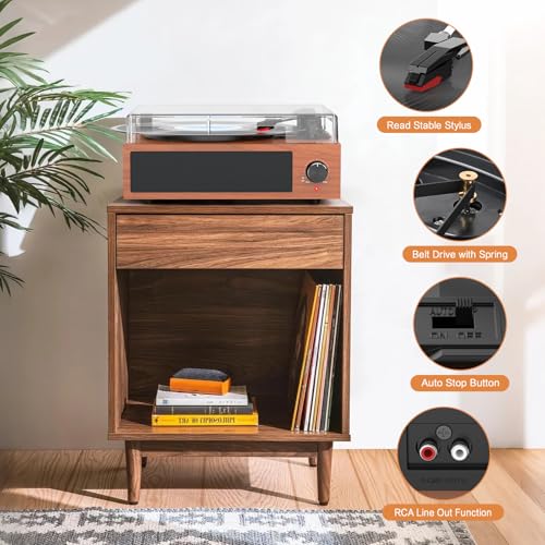 Image of Vintage Record Player with Built-in Stereo Speakers Turntable Vinyls Records LP Phonograph Belt Drive 3 Speed 3 Size Support Wireless Input RCA Output Auto Stop Retro Wooden Walnut Red