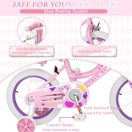 Image of XJD Girls Bike for Toddlers 3-9 Years Old Kids, 12 14 16 Inch Kids Bike with Training Wheels, Streamers, Basket and Doll Seat