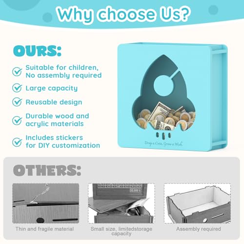 Image of Summidate Wooden Piggy Bank for Kids Girls, Money Savings Bank with Clear Removable Windows and DIY Stickers, Kids Visual Cash Vault Box for Teens, Birthday