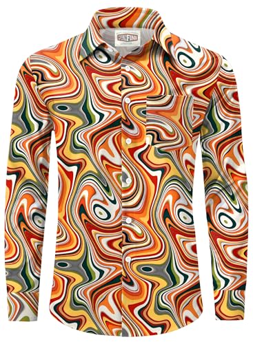 Men 70s Tie Dye Print Button Down Shirt Carnival 1970s Geometric Shirt Casual Waves Long Sleeve Shirt M