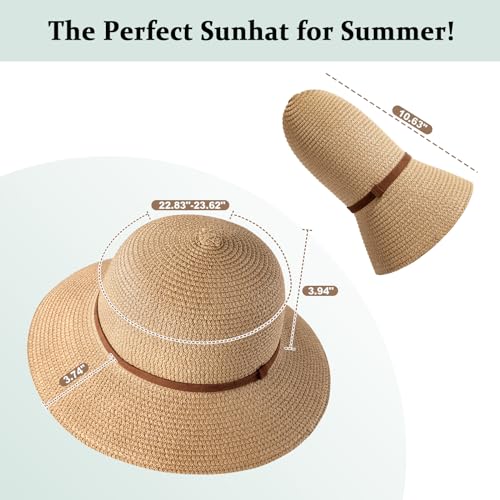 Image of Sun Beach Hats for Women,Wide Brim Straw Hats Womens with Chin Strap, Foldable Woven Sun Hat UV Protection
