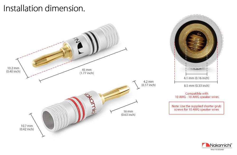 Nakamichi Pozłacany wtyk bananowy 24K 12-18 AWG Rozmiar miernika 4mm do podłączania kabli do kolumn hifi, wzmacniaczy, amplitunerów AV, systemów audio (48 sztuki, wtyczka bananowa) | Rozmiar 4 mm do głośników, wzmacniacza, odbiornika Hi-Fi, stereo, kabla