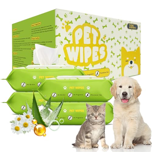 RIXBEO Unscented Hypoallergenic Pet Wipes - Deodorizing Cleaning for Dogs & Cats, Alcohol-Free & pH Balanced, Thick & Large Wipes for Paws, Body, Bum & Face, (320 Count, More favorable)