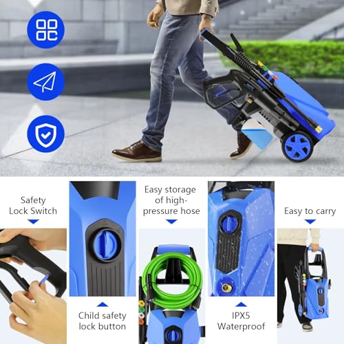 Image of Electric Pressure Washer 5000 PSI 2.8 GPM High Power Washer with 33ft Pressure Hose, 4 Nozzle and Foam Cannon, for Home, Cars, Fences, Patio (Light Blue)