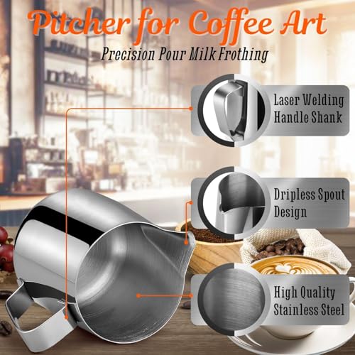 Image of Flexzion Stainless Steel Milk Frothing Pitcher - Milk Boiler Cup Jug Creamer Accessories Suitable for Barista, Espresso Machines, Cappuccino Coffee, Milk Frother, Latte Art 12 oz (350 ml)