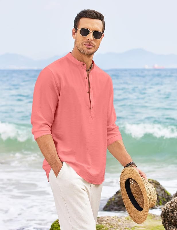 Image of Macsivo Men's Cotton Blend Henley Short Kurta with Mandarin Collar Long Sleeeve Button Closure Curved Hem Regular Fit | Kurta for Men Stylish