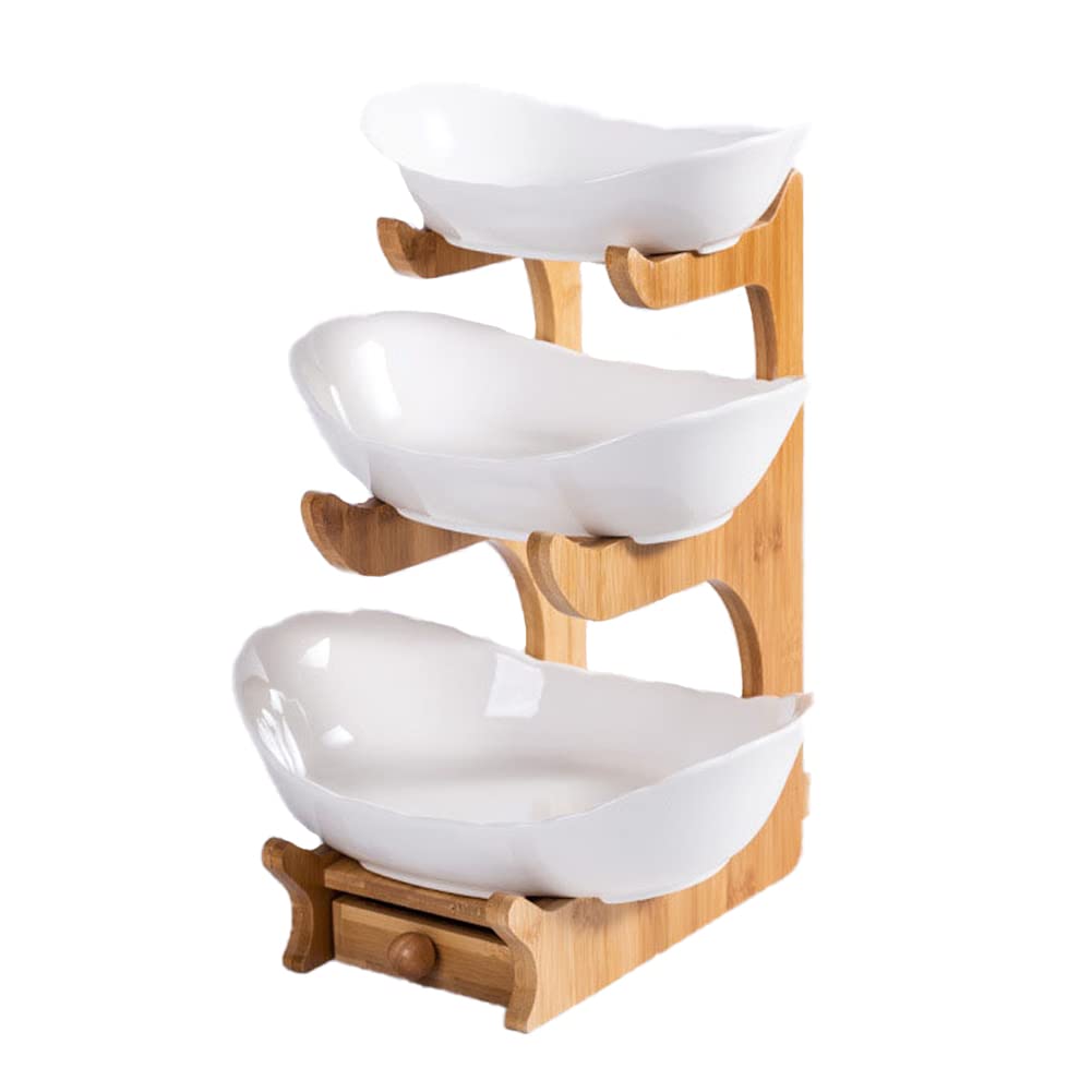 Simcat Fruit Plate Set Fruit Basket for Kitchen Counter, Ceramic Fruit Bowl,Large Capacity Fruit Bowl Set with Holder, Bamboo Fruit Serving Tray (Three Layer White)