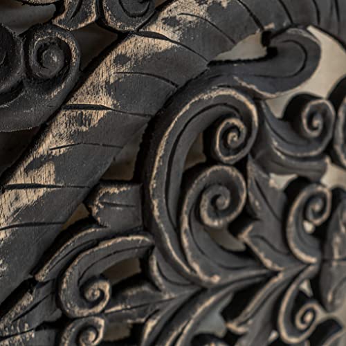 Texas King Wood Carve Headboard, Rustic Black Balinese Tropical Wooden Panels, Contemporary Bedroom Furniture, 80X66 Inches #TOP5