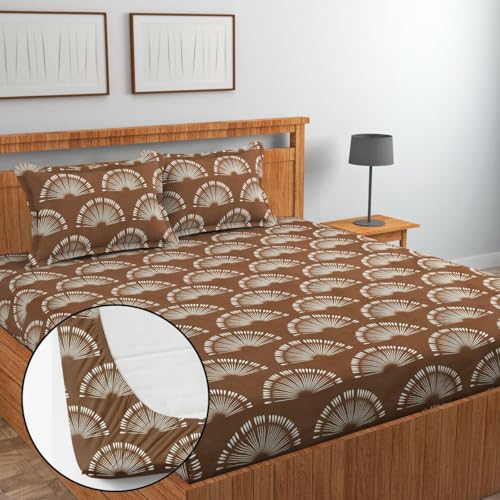 Image of Jashan Super Soft Glace Cotton Fabric 300 TC All Around Elastic Fitted Elegent Design King Size Double Bed Bedsheet with 2 Pillow Covers Fits Upto Mattress of 10 Inche,Size-72 x 78 x 10 Inche-Brown
