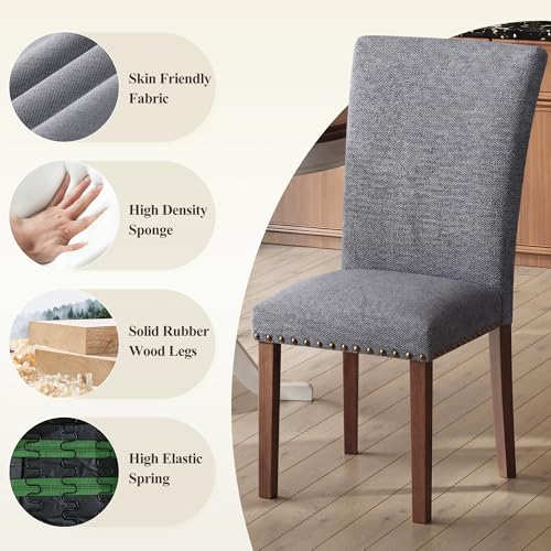 Image of COLAMY Upholstered Parsons Dining Chairs Set of 4, Fabric Dining Room Kitchen Side Chair with Nailhead Trim and Wood Legs - Dark Grey