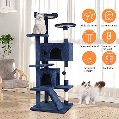 Image of BestPet | 54 inch Cat Tree Tower | Navy Blue | Sturdy Multi-Level Cat Tree