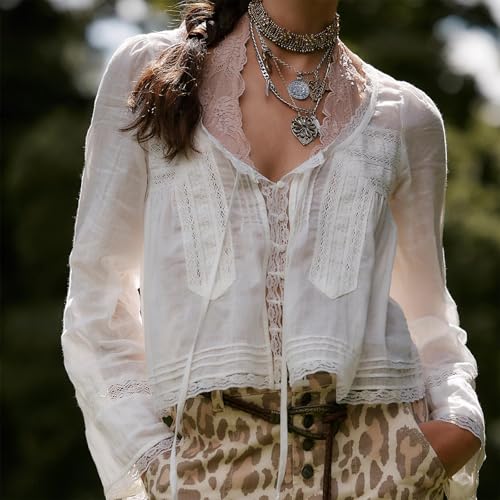 Women Y2k Long Sleeve Shirts Ruffles Lace Trim Sheer Mesh See Through Round Neck Going Out Tank Tops Blouses3