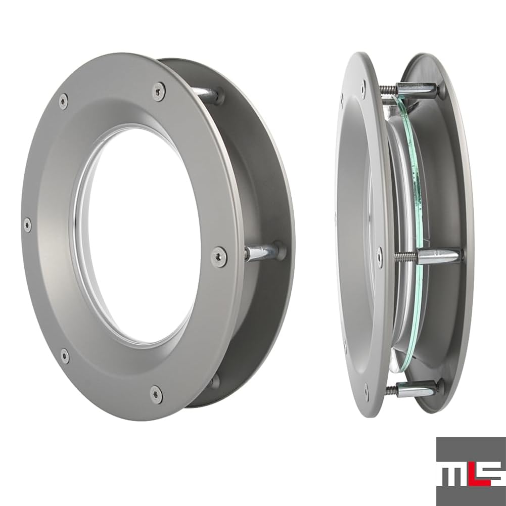 MLS Ojo de Buey B6000, de Aluminio Robusto, Vidrio de Seguridad VSG, Apto para Puertas de 40 mm de Espesor, Tornillos de Fijación Visibles en Ambos Lados, 300 mm de Diámetro, Vidrio Transparente