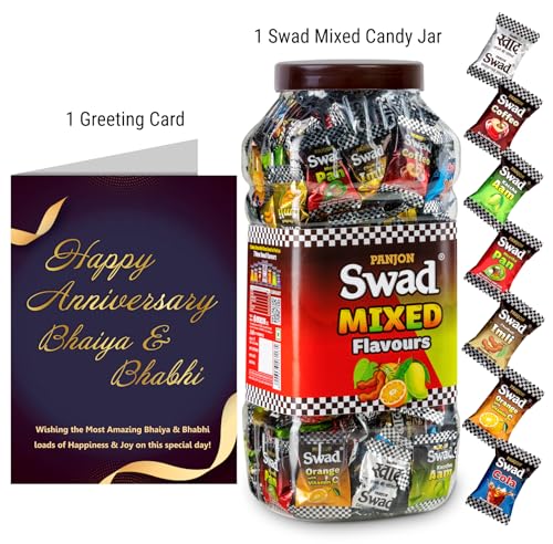 Image of Swad Happy Anniversary Bhaiya Bhabhi Gift with Card (Swad Mixed Flavours Candy 200 Jar & 1 Greeting card) 2 units