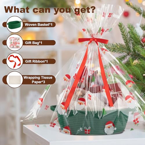 Image of OIAHOMY Gift Basket with Handle, Small Woven Basket with Gift Bag, Ribbon and Wrap Tissue Paper, Nursery Bins Empty to Fill with Small Items, Baby, Pet Toy Organizer - Christmas Green