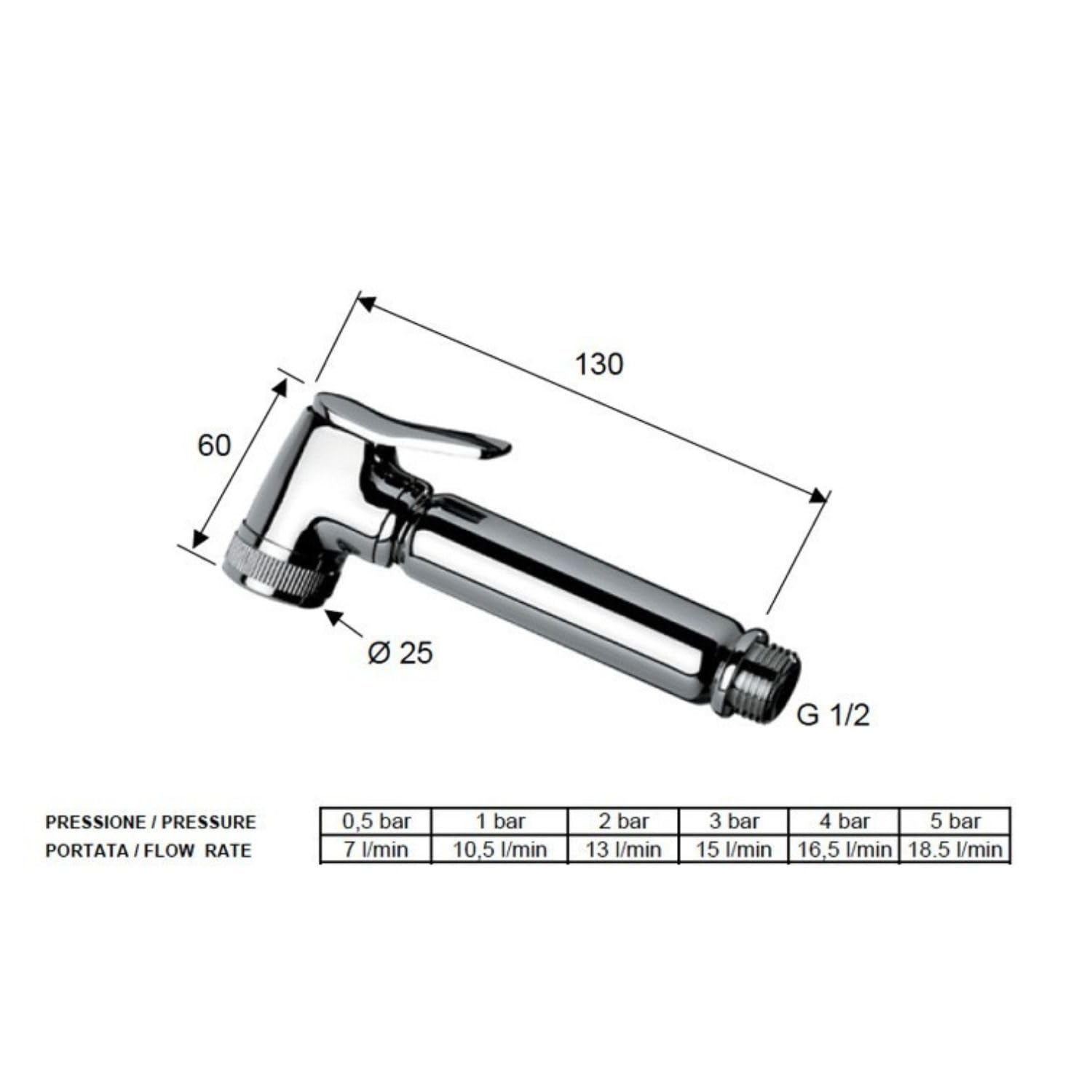 Douchette WC Design en Laiton Massif Chromé – Commande à Bouton-Poussoir, Sans Tuyau ni Support, Raccord G1/2”, Finition Brillante, Qualité Italienne Premium