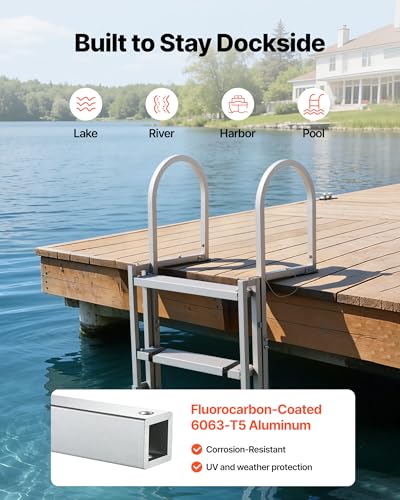 Image of VEVOR Retractable Dock Ladder, 5 Steps, Aluminum Alloy Pontoon Boat Swim Ladder, with Non-Slip Wide Steps, 350 lbs Weight Capacity, Adjustable Height, for Lake Swimming, Pool, Boat, Marine Boarding