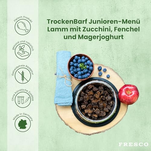FRESCO Dog Junior Trockenbarf Lamm 1kg | Barf Trockenfutter für Welpen & Junghunde mit Zucchini, Fenchel & Magerjoghurt | aus frischem Fleisch, Obst und Gemüse | 100% natürliche Zutaten
