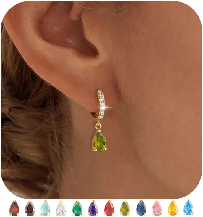 TOBENY Dangle Earrings for Women Trendy 14K Gold Plated Hypoallergenic Drop Hoop Earrings Dainty Diamond Green Emerald Birthstone Huggie Earrings for Birthday Gifts