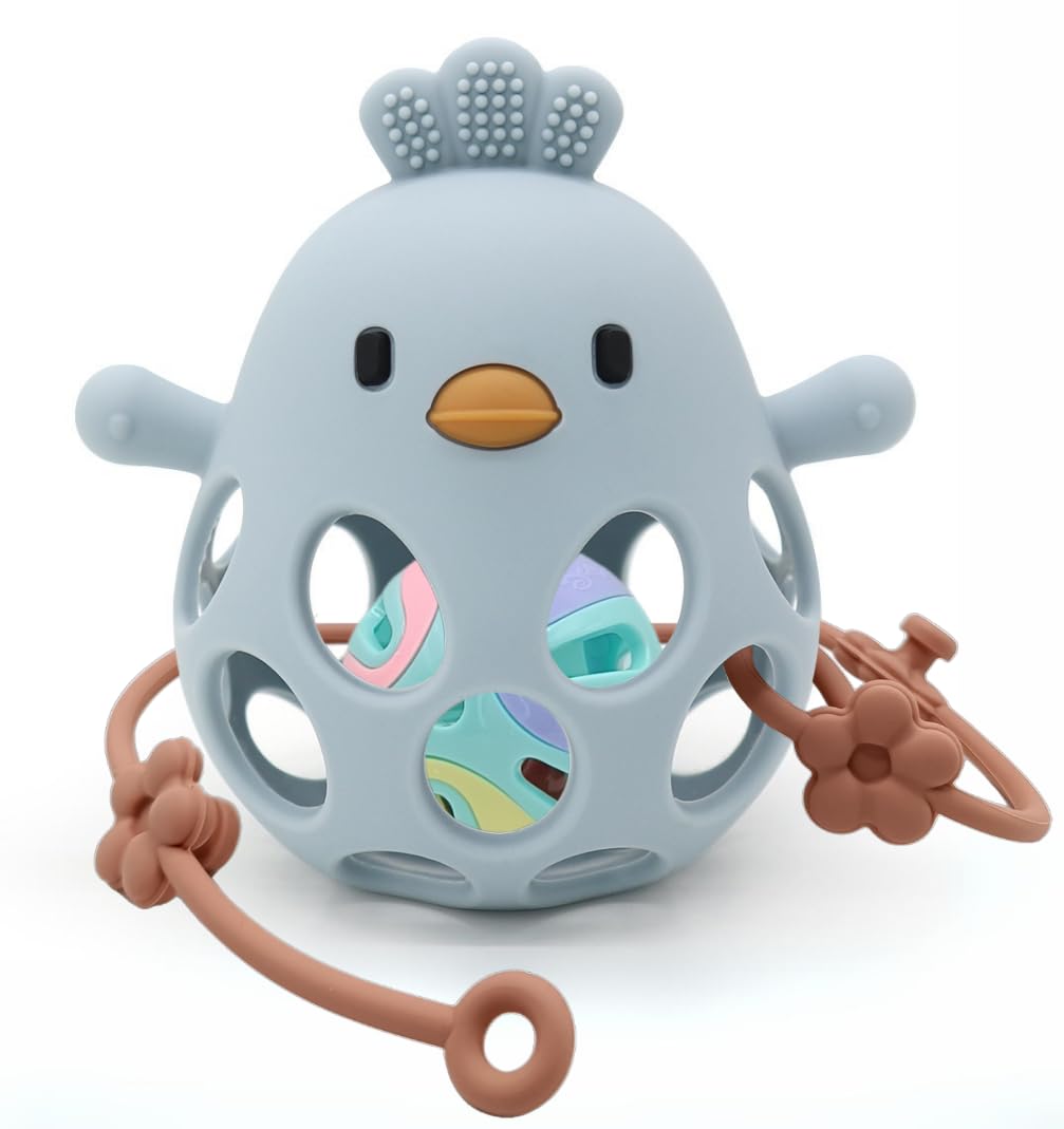 MME Pollito Mordedor Bebé de Silicona sin tóxicos, Mordedor Sensorial, Mordedor Sonajero +3 meses, Juguete Mordedor Bebe, Teething Toy, Teether Baby(Azul con bolita)