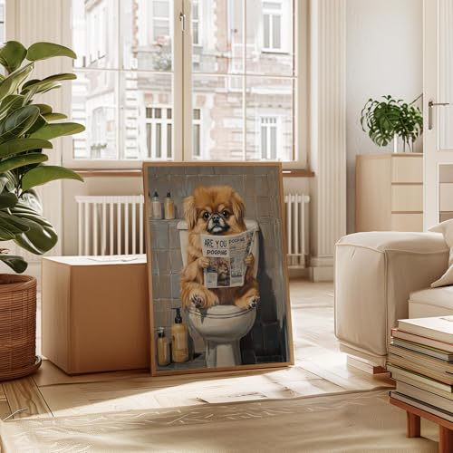 Image of Pekingese on Toilet Wood Framed Wall Art Print Poster, Dog Bathroom Humor Decor Posters Prints for Restroom Home Picture Painting Artwork Gallery 7 (Pekingese, 10 inchL x 8 inchW, Wood Frame)