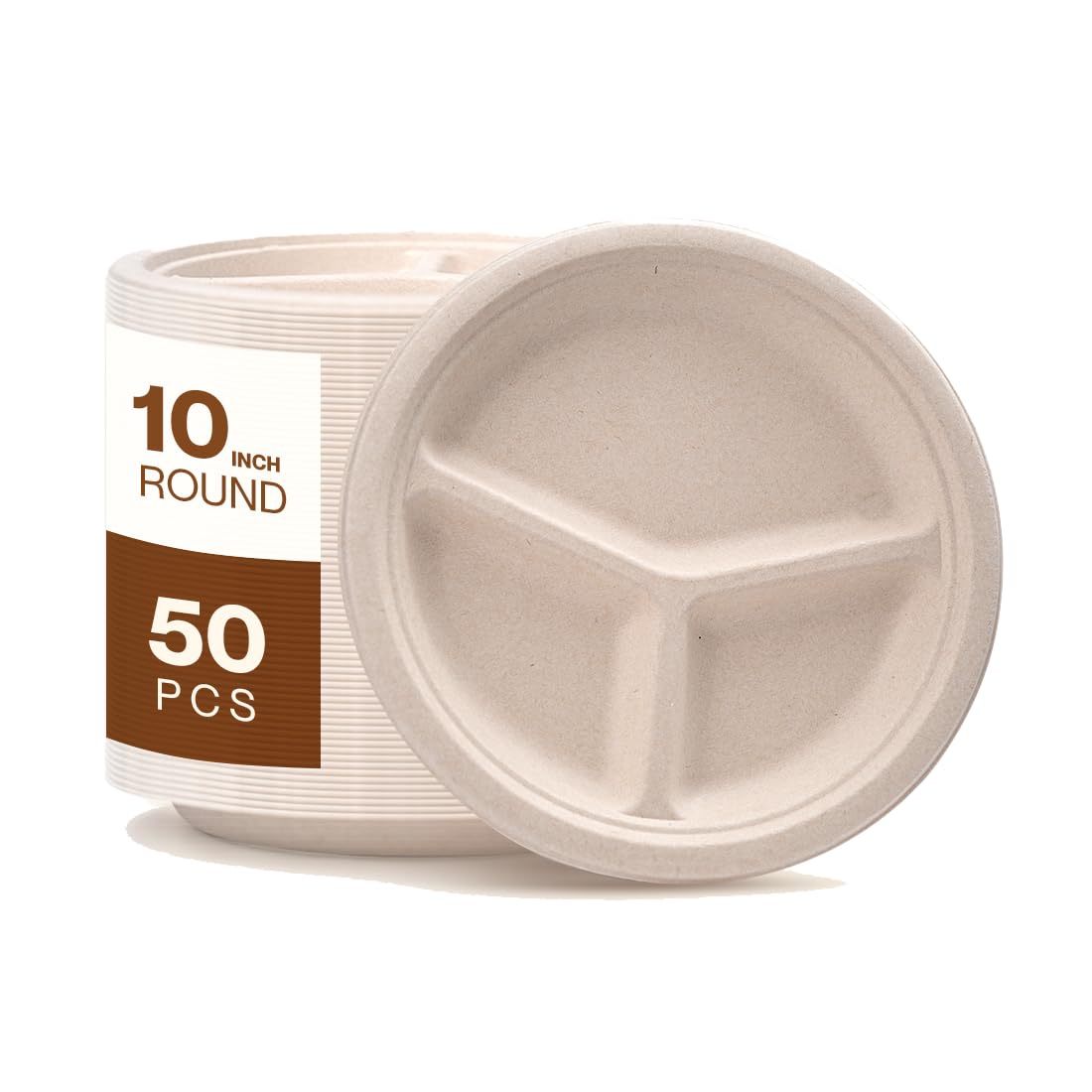 Gracz - Paquete de 50 unidades, respetuoso con el medio ambiente; plato dividido de 10 pulgadas, 3 compartimentos, bagazo, compostable, biodegradable, resistente, compostable Ok, Halal, compostable