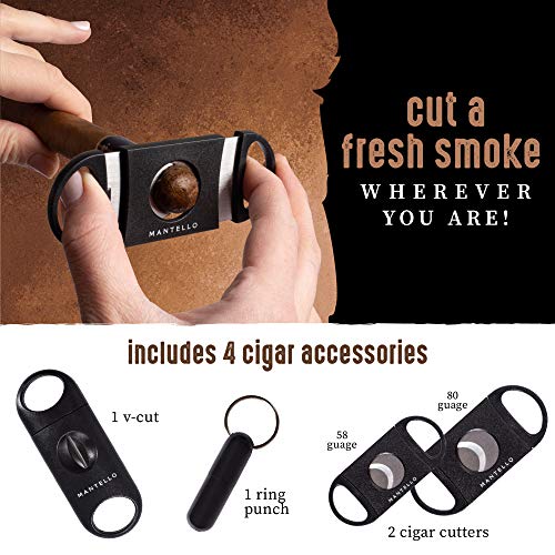 Mantello Portable Travel Cigar Humidor Case - Gift Set for Men - Fits 10 Cigars with 2 Ring Cigar Cutter, 1 V-Cut Cutter and 1 Cigar Punch - Portable, Airtight Seal, Crush-Proof - 8.80\"x 5.18\" Black