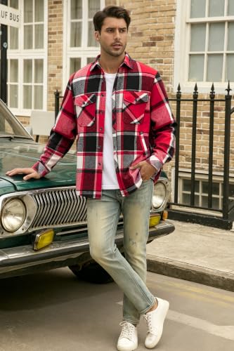 Image of Cromoncent Mens Boys Thick Flannel Shirt Long Sleeve Shirt Jacket Casual Button Down Multi Pockets Shacket