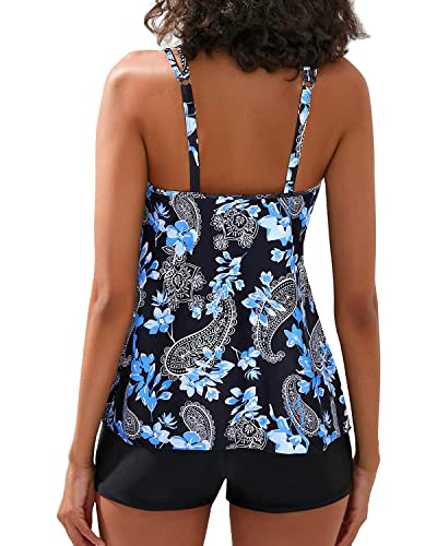 Yonique Womens Two Piece Swimsuits Tankini Top With Boy Shorts Tummy Control Bathing Suits Athletic Swimwear Blue Flower L thumb #2