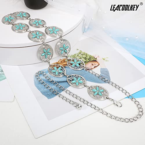 Image of LEACOOLKEY Women Turquoise Concho Chain Waist Belt Silver Western Cowgirl Metal Chain Belt for Dress Adjustable