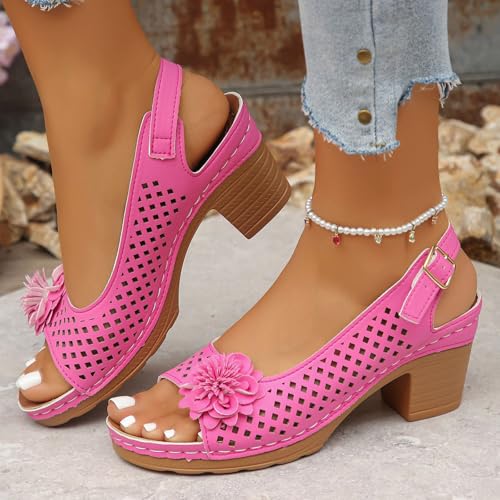 Women's Sandals Summer Open Toe Ankle Buckle Sandal Chunky Heels Sandals for Women Slingback Casual Solid Color Hollow Out Platform High Block Heel Floral Wedge Sandal Dressy Shoes2