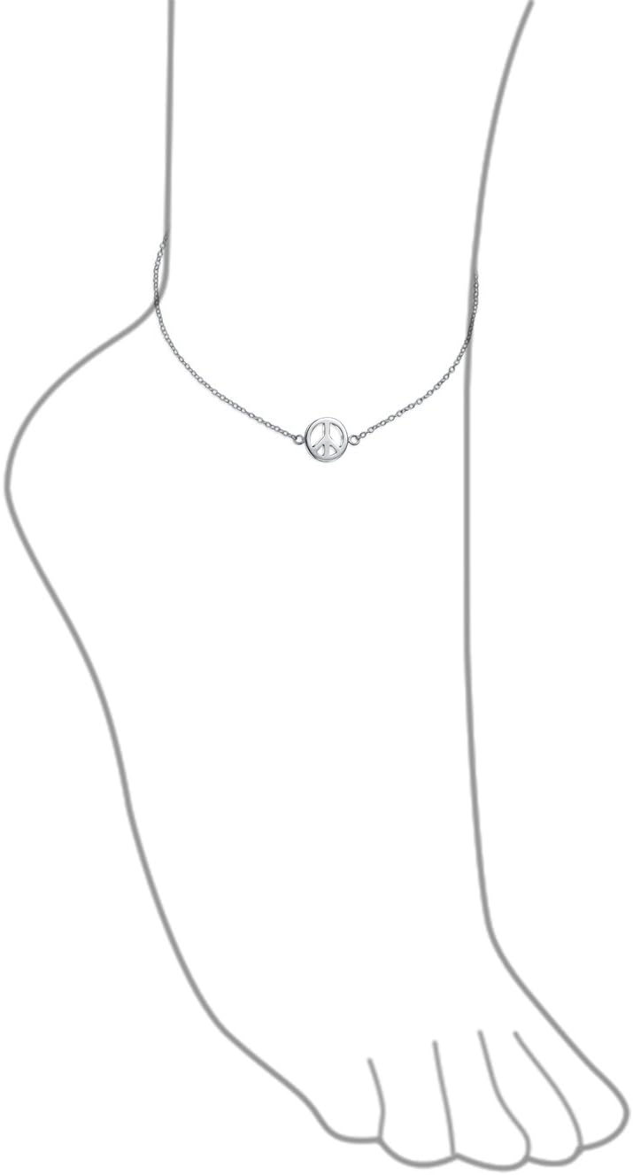 Bling Jewelry Symbol Peace Sign Anklet Charm Anklet Link Ankle Bracelet For Women Teens .925 Sterling Silver Adjustable 9 To 10 Inch
