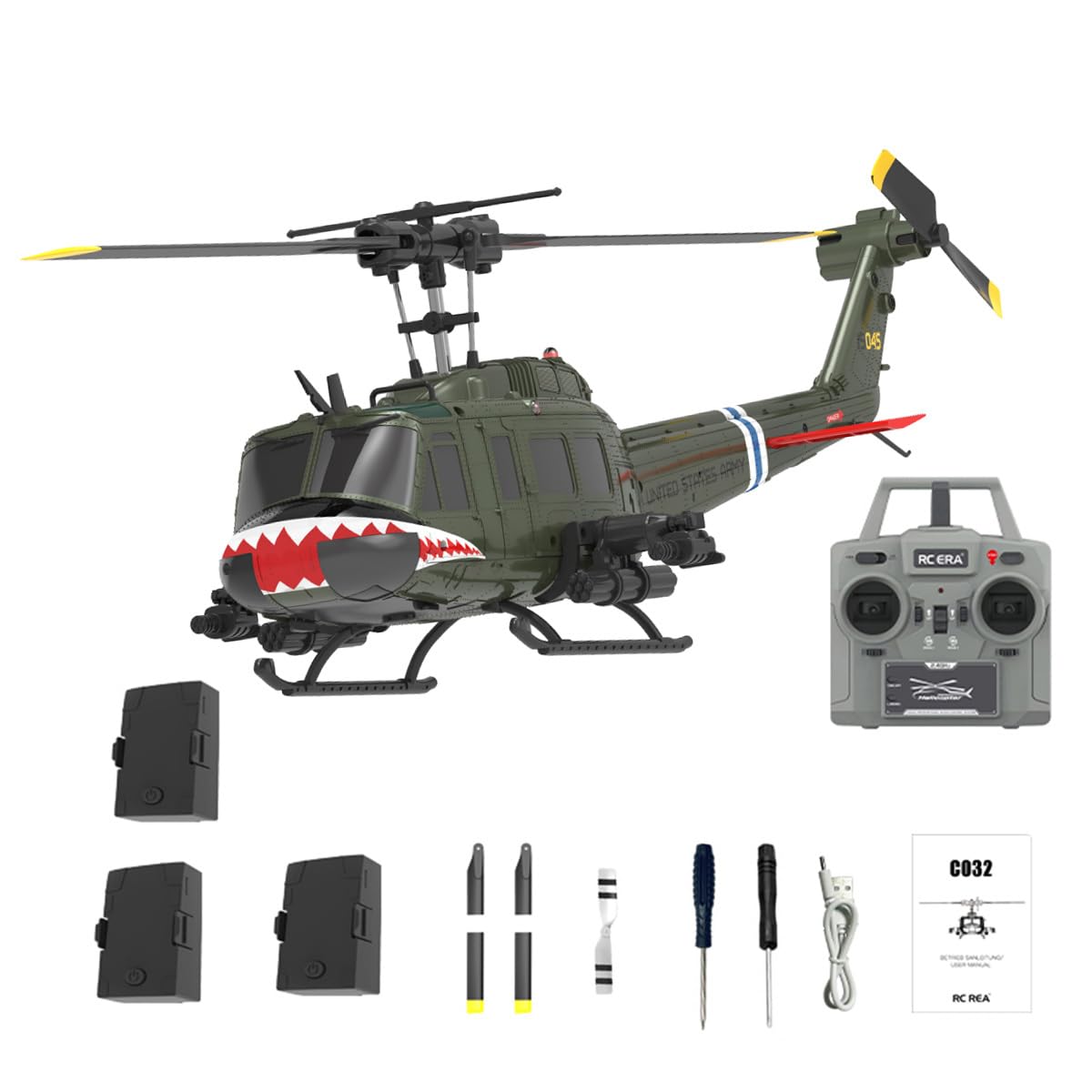 BuildCubes UH-1 RC Helicopter for Adults, 1/48 C032 RC Helicopter, 2.4G 6CH Flybarless Stunt RC Military Helicopter, Optical Flow Positioning Reverse Flight, Gift -RTF