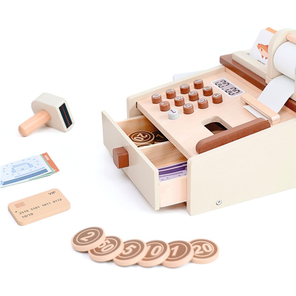 Juguete de caja registradora de madera, simulación de caja de supermercado | Set de Juego de Supermercado para Niños, Juguete de Dinero de Juego, Juego de Rol de Compras