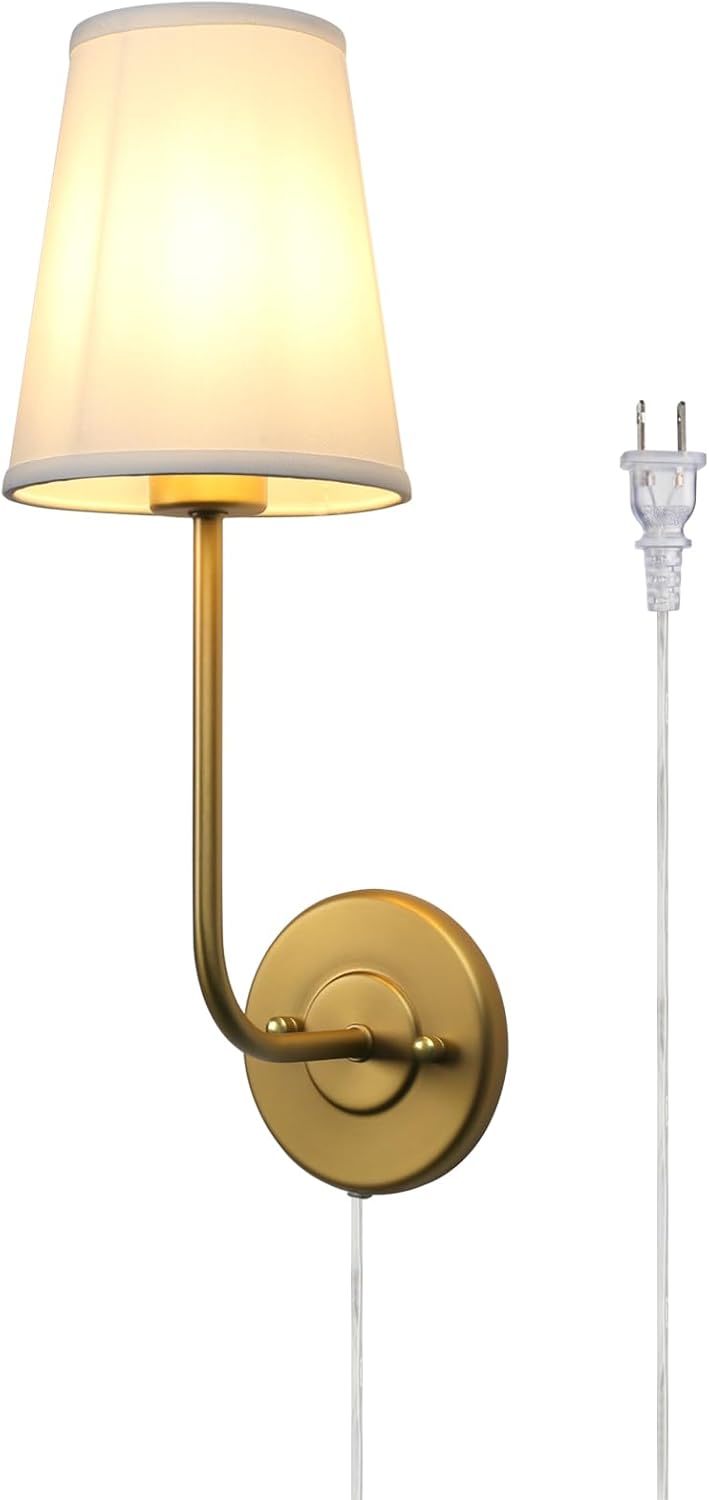 Pathson Plug in Wall Sconce, Rustic Wall Light Fixture with On/Off Switch and Pure White Fabric Lampshade, Antique Brass Wall Lamp for Living Room Bedroom