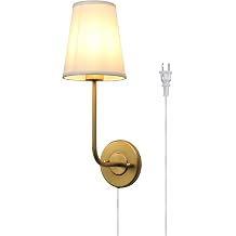 Pathson Plug in Wall Sconce, Rustic Wall Light Fixture with On/Off Switch and Pure White Fabric Lampshade, Antique Brass Wall Lamp for Living Room Bedroom