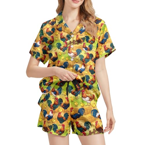 Image of Funny Pajamas for Women Set Print Satin Loungewear Pjs Short Sleeve Button Down Top and Shorts Sets Sleepwear XS-3XL