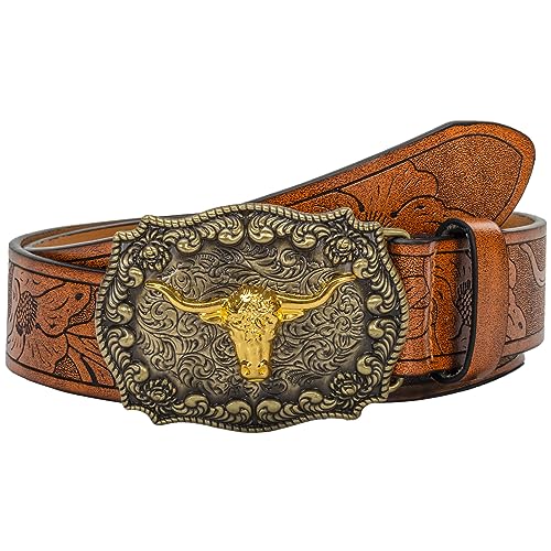 KorhLeoh Ceinture à boucle de cow-boy en cuir occidental pour hommes, femmes, jeans, ceinture à boucle florale gravée Longhorn Bull Texas (taille de 69 à 104 cm) – vue 8
