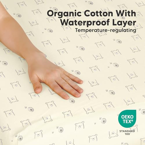 Image of 2 Pack and Play Sheets, Waterproof Mini Crib Sheets Fitted - 38x26 Organic Cotton Pack N Play Sheets for Graco Pack and Play Mattress,Playard Baby Crib Sheets,Neutral for Boy,Girl,Toddler(Bumble Bear)