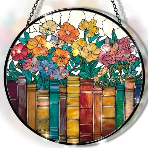 Image of Flower Stained Glass Style Window Hanging Decor Book and Flower Suncatcher for Indoor Window Acrylic Jigsaw Puzzle Gift for Christmas Mother's Day Birthday Women 83 Pieces Irregular Pieces 7.4 in