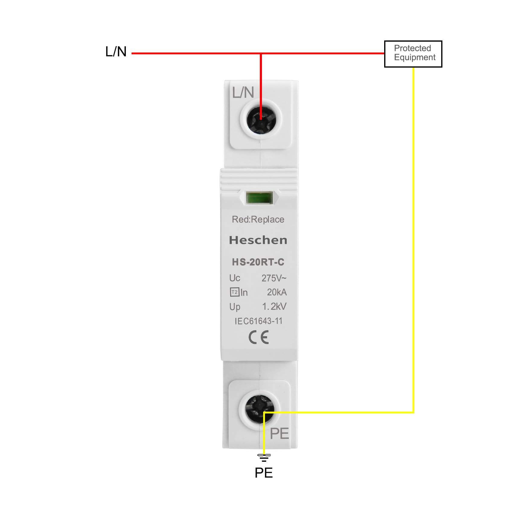 Heschen Surge Protective Device SPD, HS-20RT-C, 1P 275VAC 20KA, Built-in replaceable over current fuse, Low-Voltage Arrester - Image 4