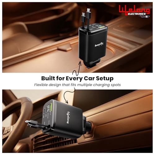 Image of Lifelong Electronics 5-in-1 Car Charger Adapter | 2 Retractable Cables (Type-C & Lightning) + 3 Ports (USB A + 2 Type C) | LED Display | Flexible Head | Charging for iPhone, Android & All Devices
