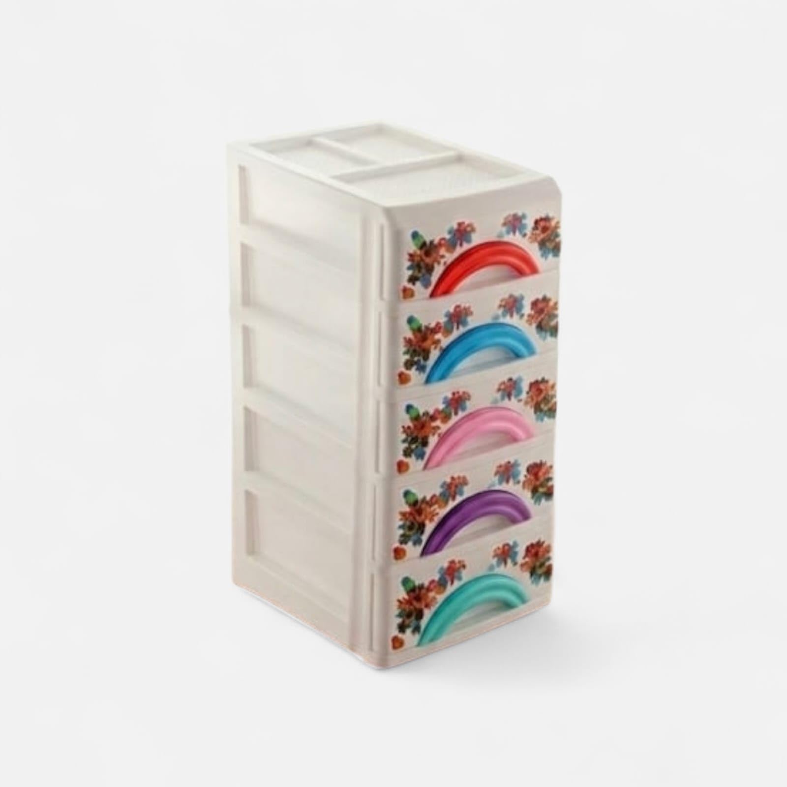 5-Tier Plastic Desk Storage Drawer with Floral Print, Multicolour Handles, Organiser Cabinet-image-45