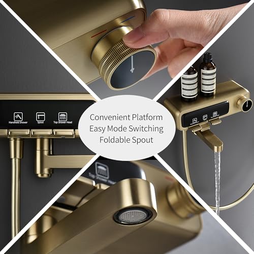 Sistema de ducha y bañera con recubrimiento cuadrado 10" con rociador manual giratorio, pico plegable y válvula de latón macizo con plataforma para shampoo - Dorado cepillado miniatura 6