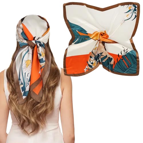 EXTREE Silk Feeling Scarf Medium Square Satin Head Scarf Sleeping Hair Wrapping for Women 27.5 × 27.5 inches Beauty Lily