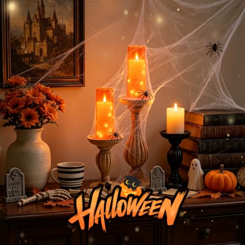 Image of Sasigeiaa Flameless Candles with Embedded Star String - Battery Operated LED Candles, with Remote,7 Orange Flickering Candles for Christmas, Weddings, Home Decor & Party,(D 2.3 inchxH 5 inch 6 inch 7 inch)