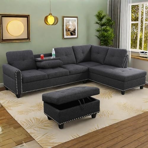 Glasflength MZX052915 L Shaped Sectional Sofa With Ottoman, Nail-Head Design Linen Right Facing Modern Couches With Cup Holder For Living Room thumb #5